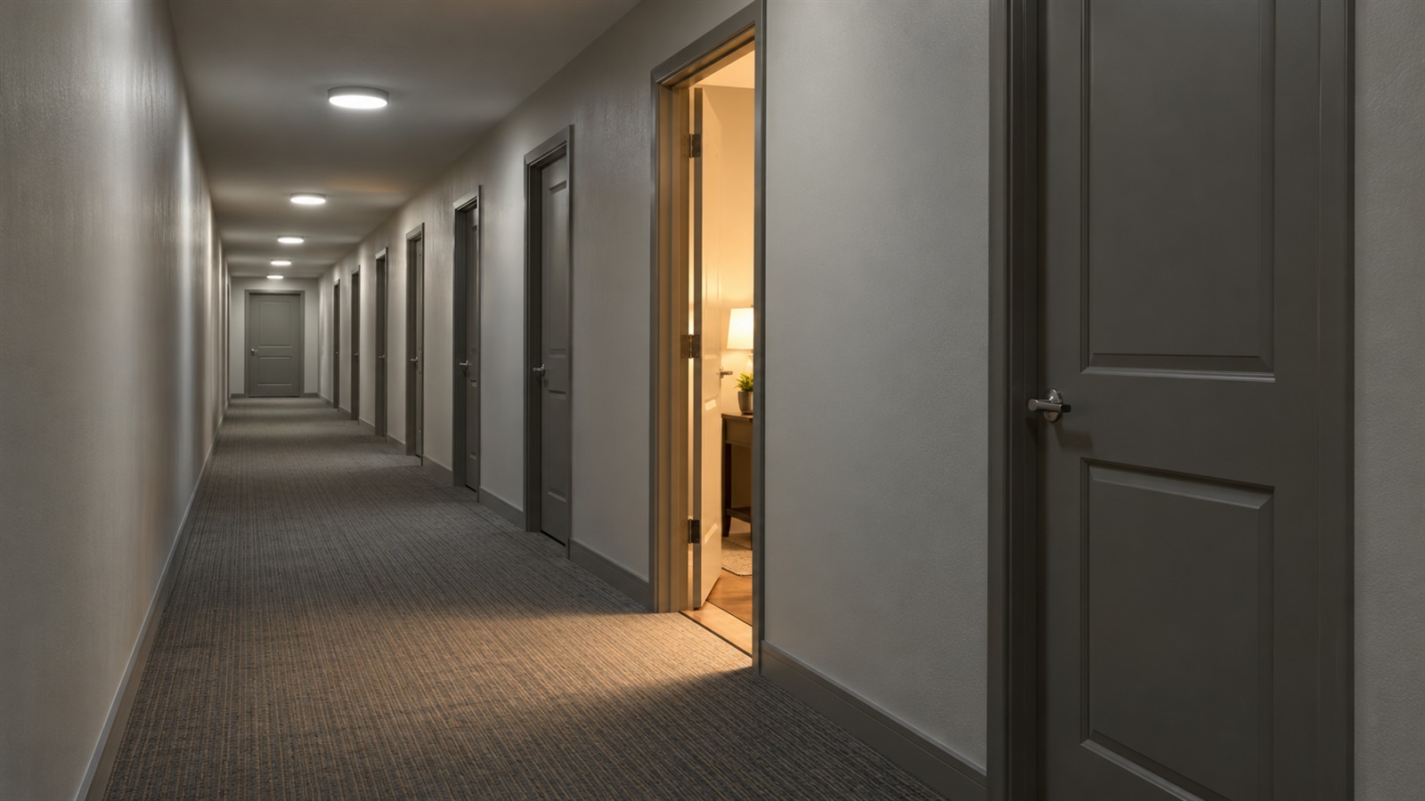 A long apartment building hallway lined with identical closed doors, with one door open and warm light spilling into the corridor.