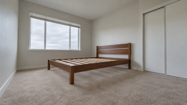 An empty apartment bedroom with beige carpet, a bare wooden bed frame, a closet with sliding doors and a large window under an overcast sky.