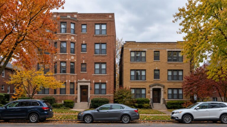 Two brick apartment buildings side by side on a residential street in autumn, one a story taller than the other.