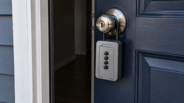 A metal key lockbox hanging from the doorknob of a dark blue front door left slightly open onto an empty hallway.