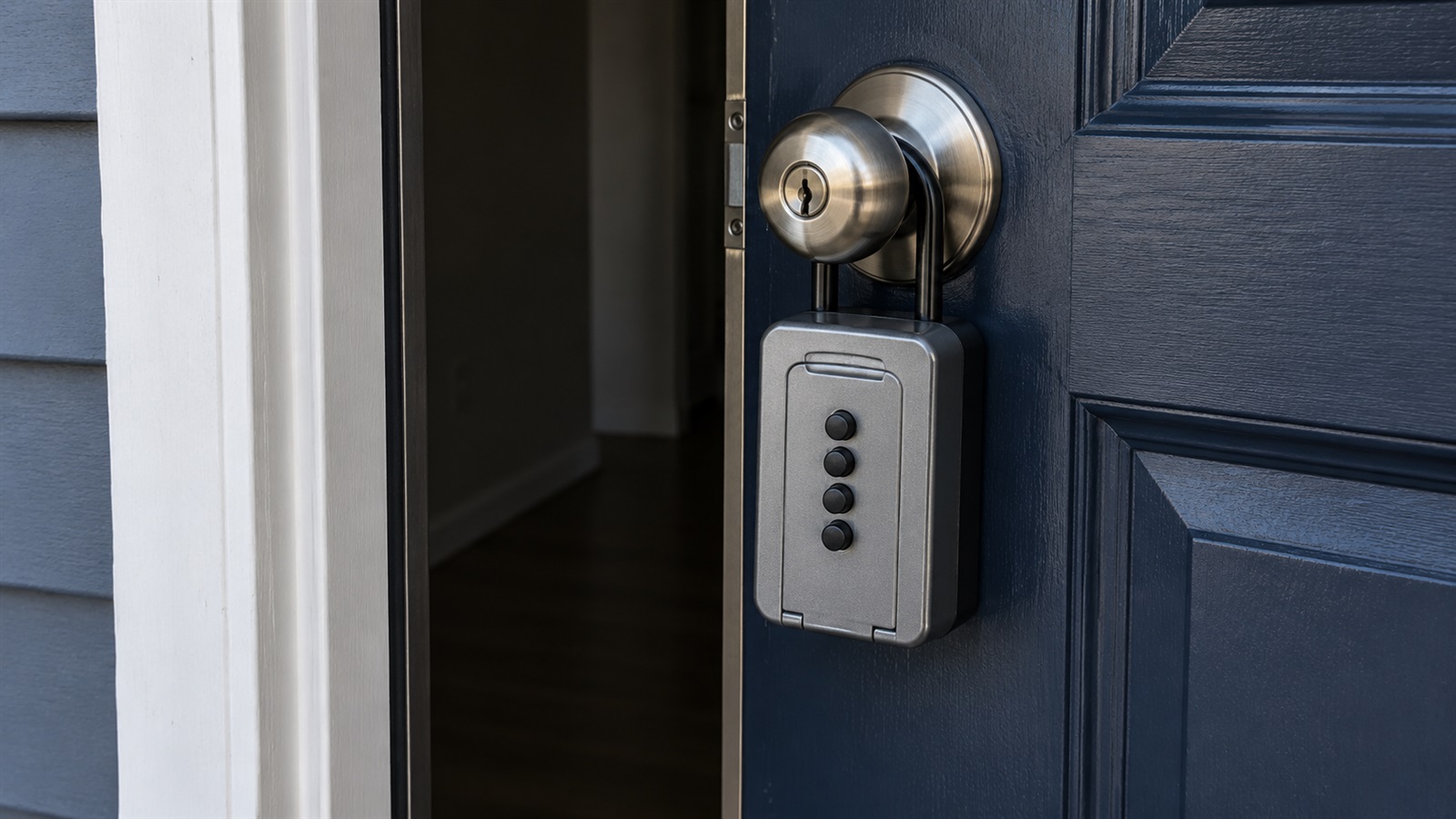 A metal key lockbox hanging from the doorknob of a dark blue front door left slightly open onto an empty hallway.
