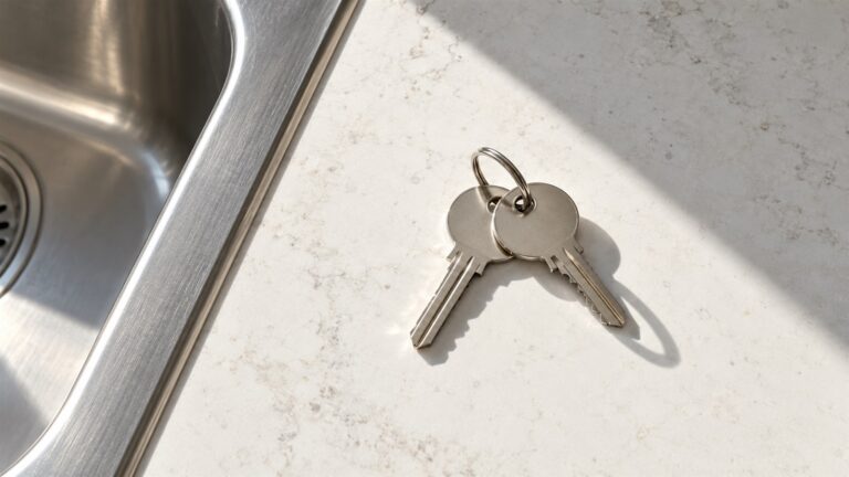 Two keys on a plain metal ring lying on a bare, clean kitchen counter in direct sunlight, seen from above.