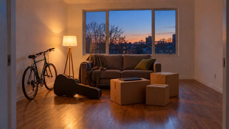 A sofa, floor lamp, bicycle, guitar case, laptop and moving boxes grouped in the middle of an empty apartment living room at dusk.