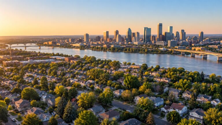 Aerial view at sunrise of a neighborhood of single-family houses in the foreground and a cluster of downtown towers across a river.